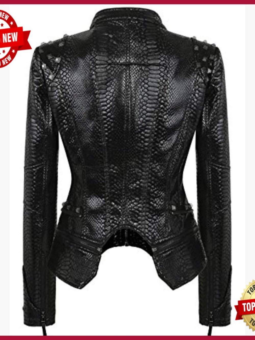 Slim Fit Faux Leather Moto Jacket with Snake Print Studded Details - Picture 2 of 6